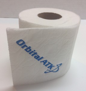 embroidered toilet paper with Orbital ATK logo