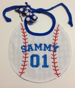 embroidery of name and age on baseball shapped bib