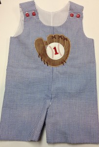 searsucker john johns with glove and ball applique for 1st birthday