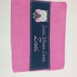custom hand dyed pink burp cloth with cute grey and pink owl applique