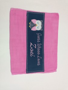 custom hand dyed pink burp cloth with cute grey and pink owl applique