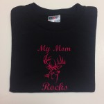 deer head with my mom rocks in hot pink on black shirt