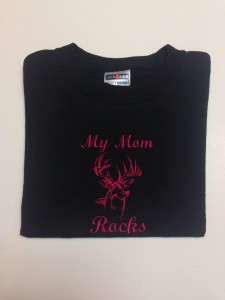 deer head with my mom rocks in hot pink on black shirt