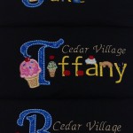 uniform shirts for Cedar Village with Ice Cream Cone applique on first letter and ice cream font for letters